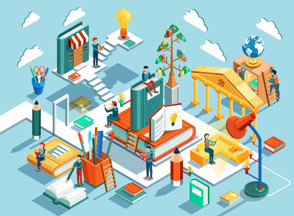Online education Isometric flat design. The concept of learning and reading books in the library and in the classroom. Illustration Online education Isometric flat design. The concept of learning and reading books in the library and in the classroom. Illustration
