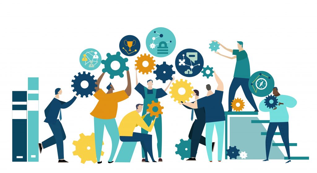 Lots of people working with gears, rotating them and making mechanism working. Concept illustration Lots of people working with gears, rotating them and making mechanism working. Concept illustration